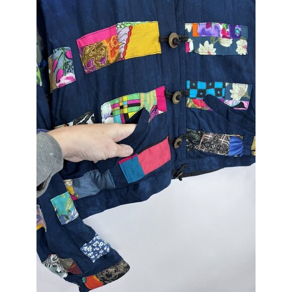 Vintage 90's NATIVEWEAR DESIGNS Patchwork Navy Blue Rayon Jacket Size Medium - Picture 6 of 13